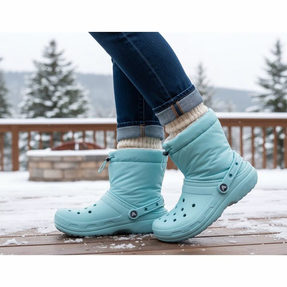 Crocs Classic Neo Puff Short Snow Boots Women’s Size 5 Pure Water Blue Fleece